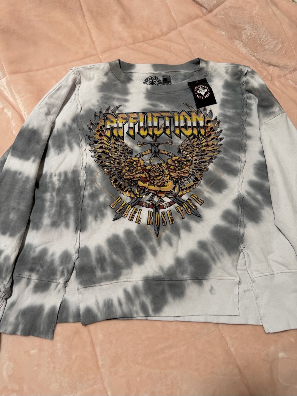 Affliction Gray and White Tie-Dye 'Rebel Rose Tour' Long Sleeve Sweatshirt